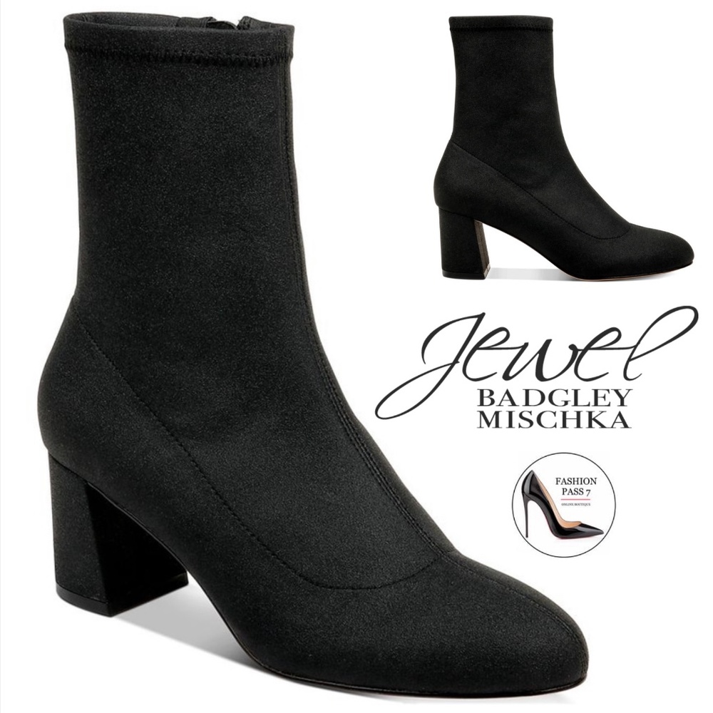 Jewel Badgley Rena Shimmer Black Booties Block Heel Sock Evening Boots Pump 7.5